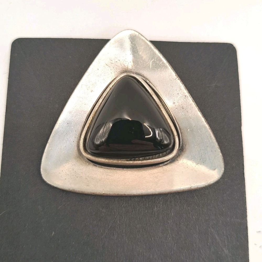 Vintage Corocraft Brooch Pin Triangle Black Glass Modernist Pewter Tone Signed